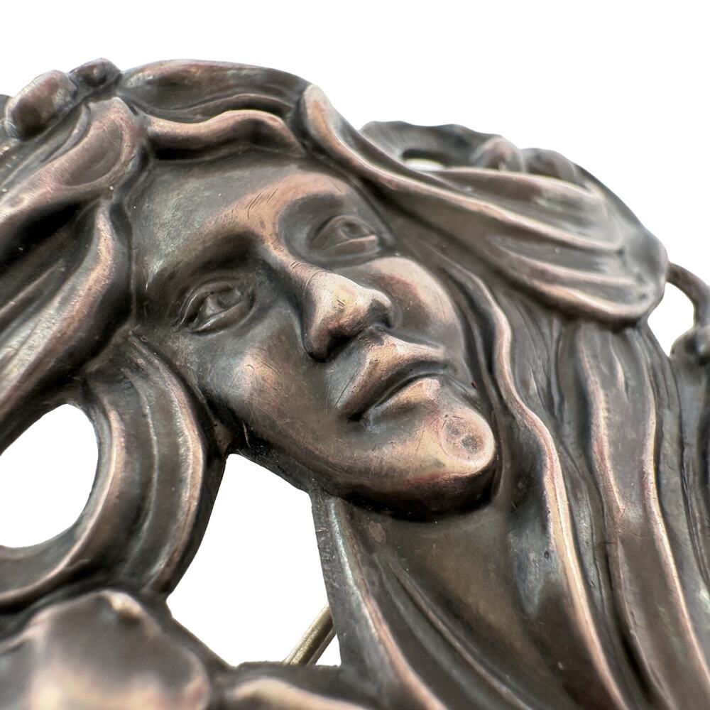 Antique Art Nouveau Sterling Silver Brooch Maiden with Flower, Gibson Girl Style - Picture 3 of 13